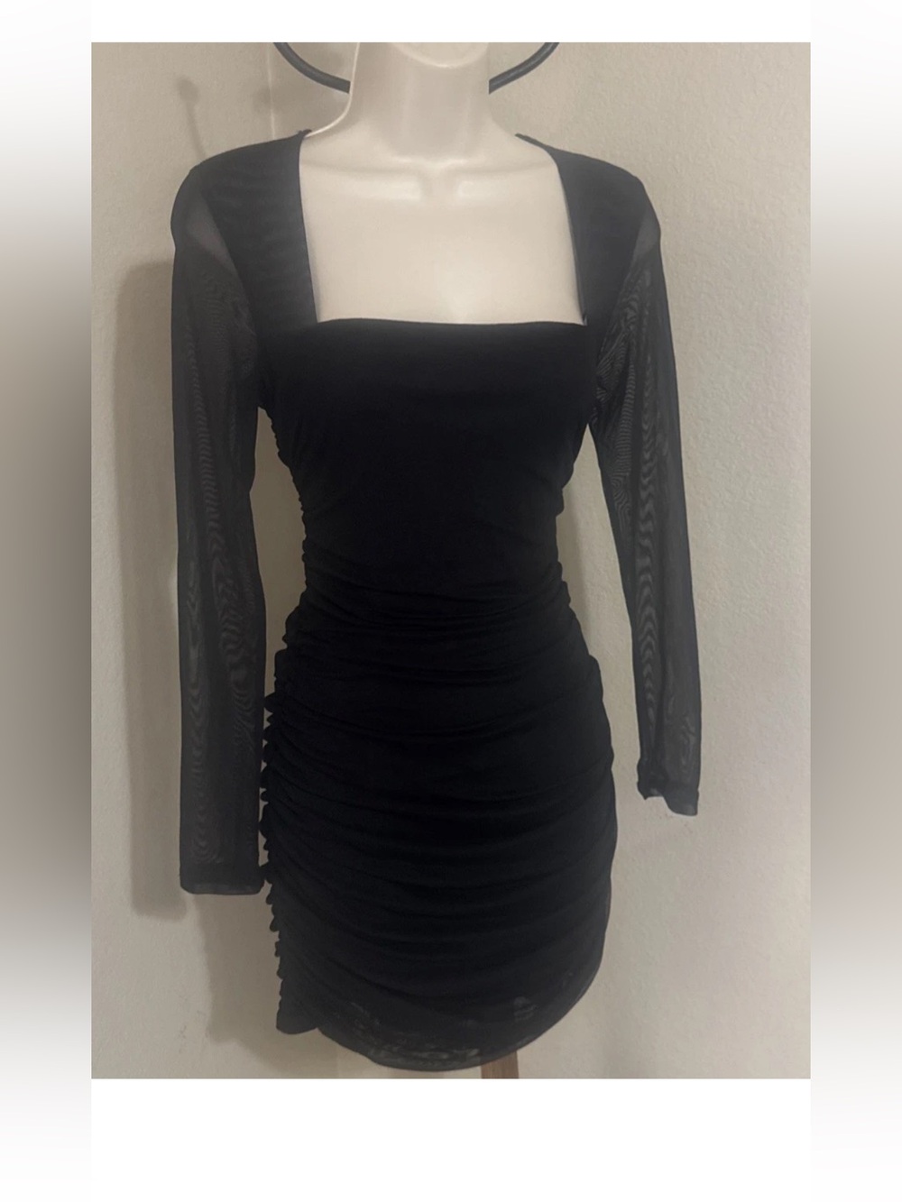 Black Ruched Mesh Sleeve Dress — Bodycon — Elegant Evening Wear Size Medium